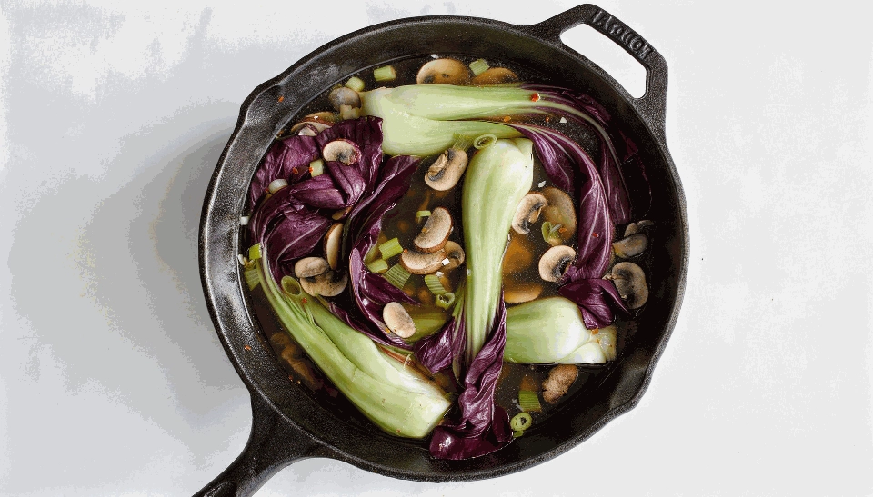 Image of Ginger Garlic Purple Bok Choy Soup with Shiitake Mushrooms